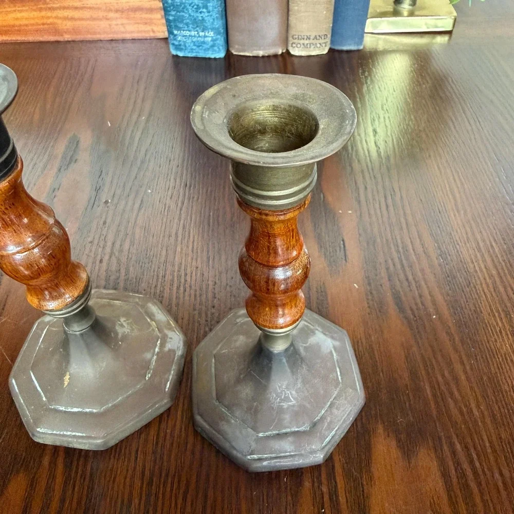 Vintage Brass & Wood Candlesticks Pair
